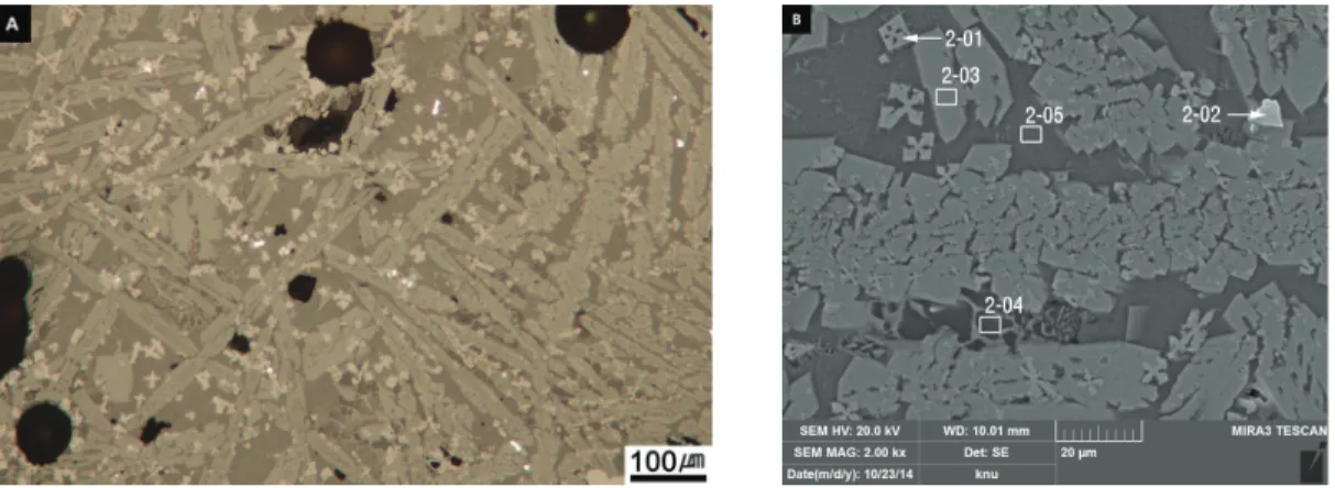 Figure  3. Microstructure of NG-2 slag; (A) Image  of metallurgical  microscope, (B)  SEM image and point of EDS analysis.