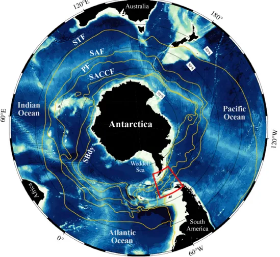 Fig. 1-1. Map of the Southern Ocean, with bathymetry contours, mean Antarctic Circumpolar Current (ACC) fronts in orange (Fronts from Orsi et al ., 1995; bathymetry (m) from ETOPO1 project (Amante and Eakins, 2009)), and red box outlining Drake Passage (ST