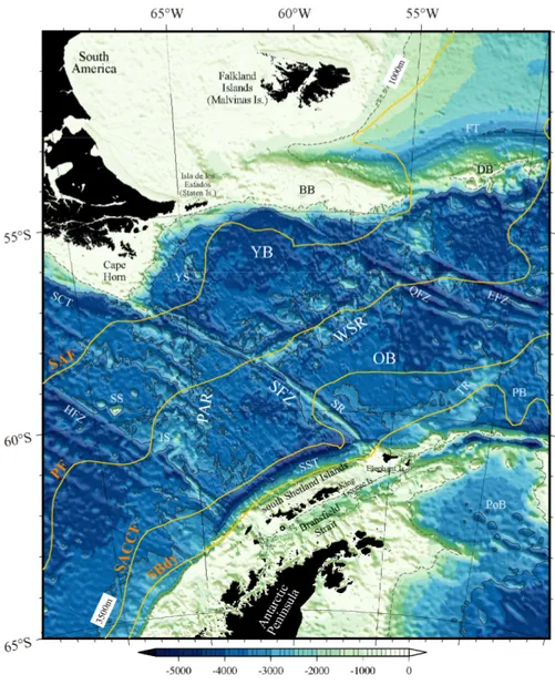 Fig. 1-4. Bottom topography and the ACC fronts in Drake Passage. Major fracture zones and ridges are indicated: Burwood Bank (BB), Davis Bank (DB), Endurance Fracture Zone (EFZ), Falkland Trough (FT), Hero Fracture Zone (HFZ), Interim Seamount (IS), Ona Ba