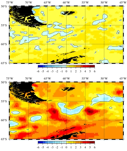 Fig. 2-4. The horizonal distribution of averaged sea surface height anomaly (cm) in Drake Passage (top) from 1993 to 1999, and (bottom) from 1993 to 2012.