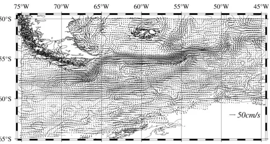 Fig. 2-7. The uncorrected mean surface geostrophic velocity field estimated from the merged SSHA using turning parameter α=0.1 with the sea surface height variability in Drake Passage from 1993 to 2012.