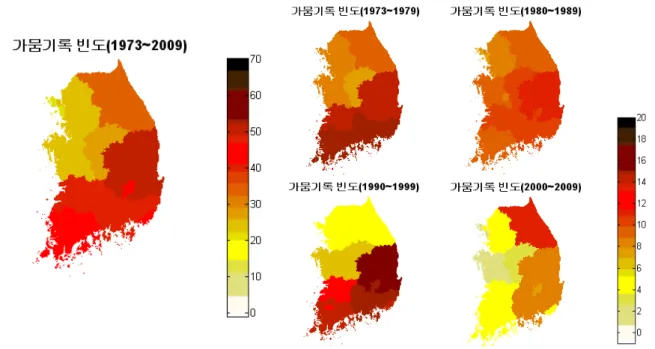 Fig. 2. Occurrence Frequency of Drought Records for 1973～2009 역이 가장 많은 빈도수를 나타낸다. 또한 남부지방의 가 뭄의 발생횟수가 다른 지역에 비해 많음을 알 수 있다