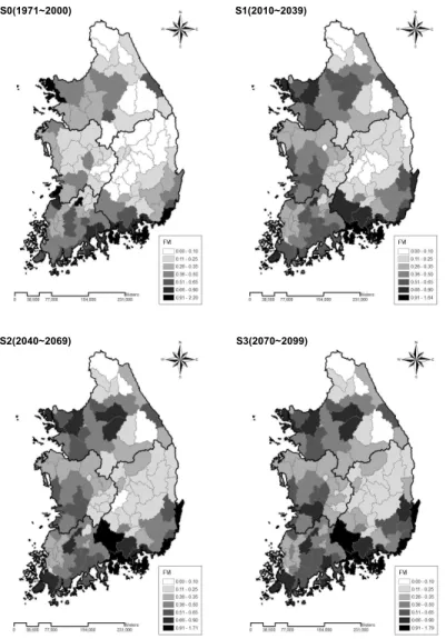 Fig. 7. Flood Vulnerability in the Current (SO) and Future (S1, S2, S3) Period