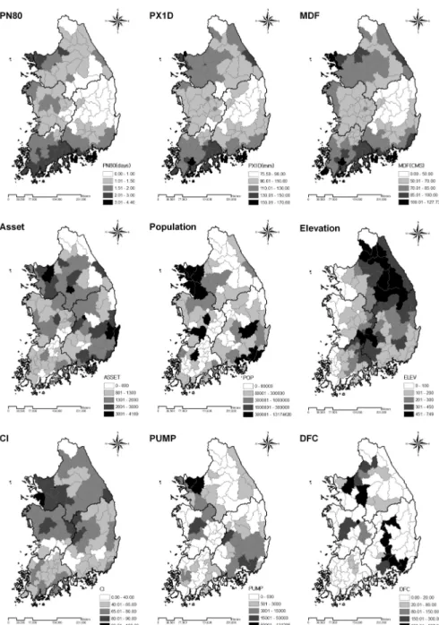 Fig. 3. Values of Sensitivity (upper), Exposure (middle), Adaptation Capacity (bottom) Index 홍수조절효과를 평가하였다