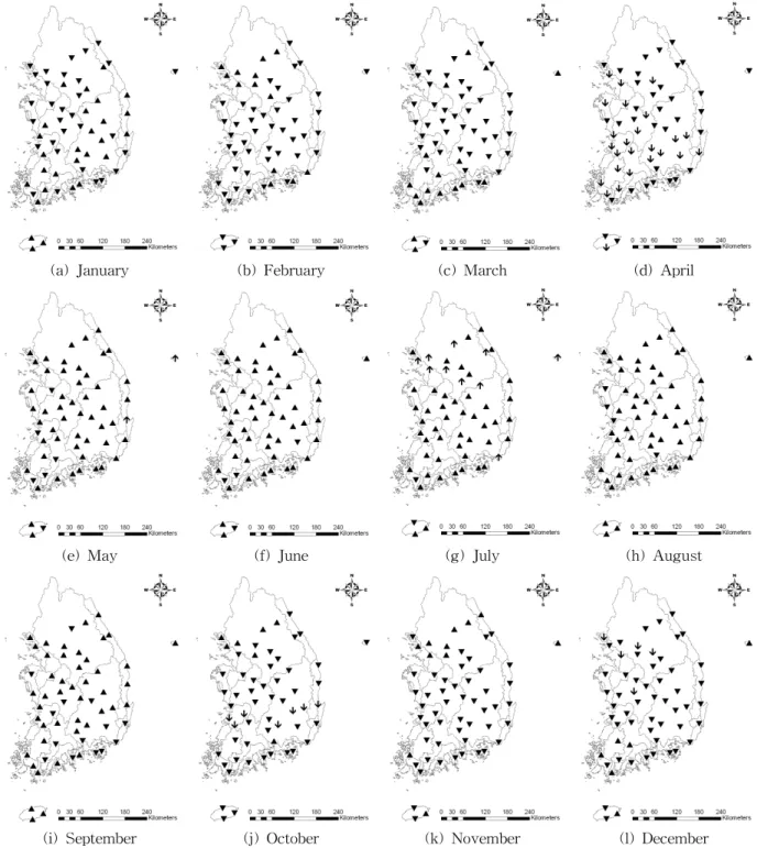 Fig. 3. Results from Mann-Kendall Test of Precipitation Effectiveness Ratios ( and  indicate the increase or decrease trend with 95% confidence level, while ▲ and ▼ indicate that the data has not significant trend)효율이 감소하고, 3, 5, 6, 7, 8, 9월에는 증가하는 것으로나타