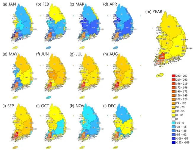 Fig. 4. Linear Change Rate of Monthly Runoff Data from PRMS