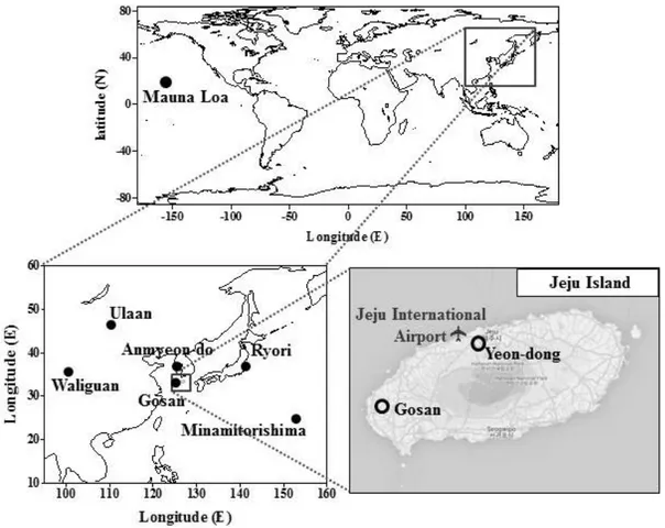 Fig. 1. Geographical locations of two monitoring sites (Yeon-dong and Gosan) for greenhouse gases concentration (open circle, ○) on Jeju, South korea and Asia background site and Mauna Loa for greenhouse gases (circle, ●).