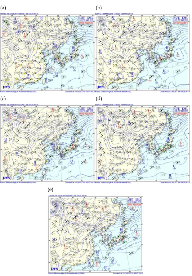 Fig. 5. Surface weather charts of East Asia at (a) 09 LST 18 March, (b) 12 LST 18 March, (c) 15 LST 18 March, (d) 18 LST 18, March, and (e) 21 LST 18 March 2010.