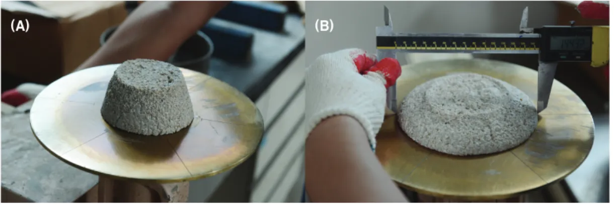 Figure 2. Flow table test of lime mortars. (A) Preparation of test sample, (B) Identification of a flow state