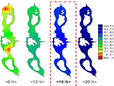 Fig. 14. Distribution of Dilution Rate on Each Case Fig. 11에서 보는 것과 같이 시설 12개를 설치한 경우 30시간 이후의 희석률은 전 지점에서 59～62%까지 균일 한 값을 나타내었으며 흐름유발시설이 없는 경우보다 측 정지점에서의 희석률 편차가 작게 나타났다