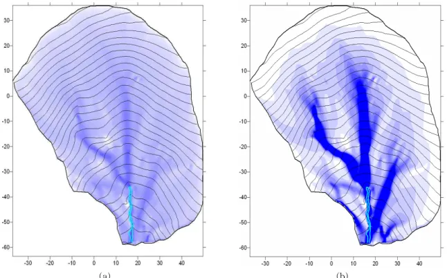 Fig. 2. Upslope Contributing Area (a) and Topographic Wetness index (b) through Application of MD8 algorithm (Quinn et al., 1991) to the DEM of Study Area