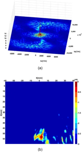 Fig. 9 Noise characteristics in spatial frequency  domain and an enhanced PA image; (a)  spatial frequency spectrum, (b) a PA image  enhanced by spatial frequency filtering