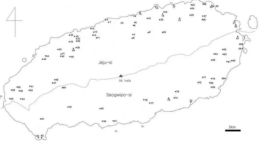 Figure  8.  Distribution  of  the  spawning  sites  of  Kaloula  borealis  on  Jeju  Island