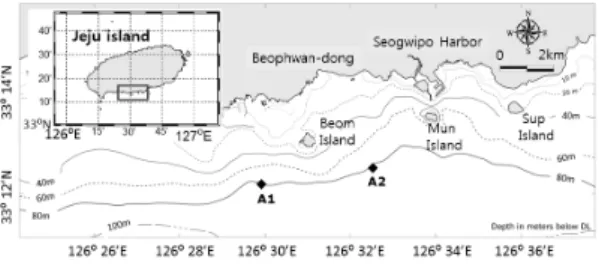Fig. 2. (a) Predicted sea level at Seogwipo station, (b)  Time  series  of  vertical  displacement  of  isotherms  at  site  A1,  (c)  Time  series  of  vertical  displacement  of  isotherms  at  site  A2.