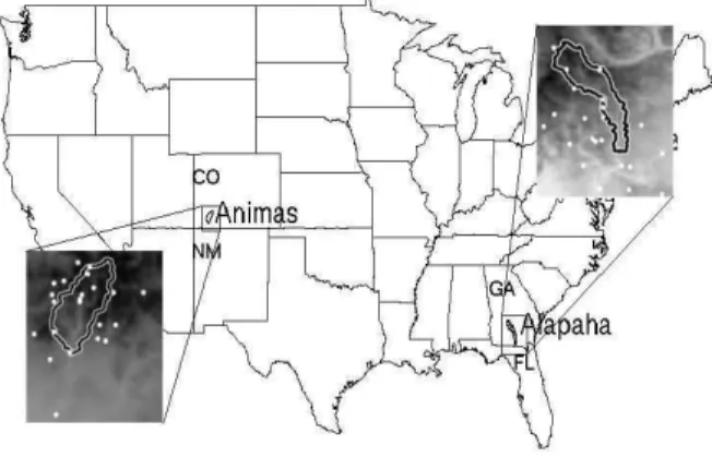 Fig. 1. Map of the Study Basins (Observation Stations are Marked in White Dots)