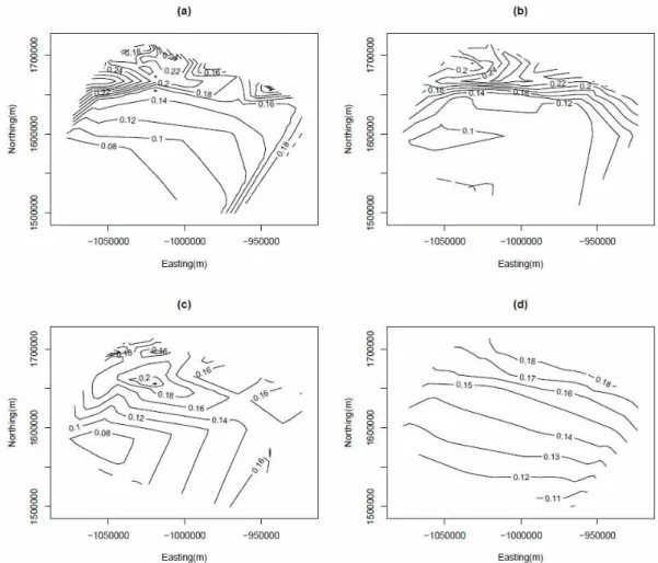 Fig. 7. Comparison of the Probability of Precipitation Using Two-Step Interpolation Scheme in Animas Basin (a) Observed, January, (b) Estimated, January, (c) Observed, July, (d) Estimated, July