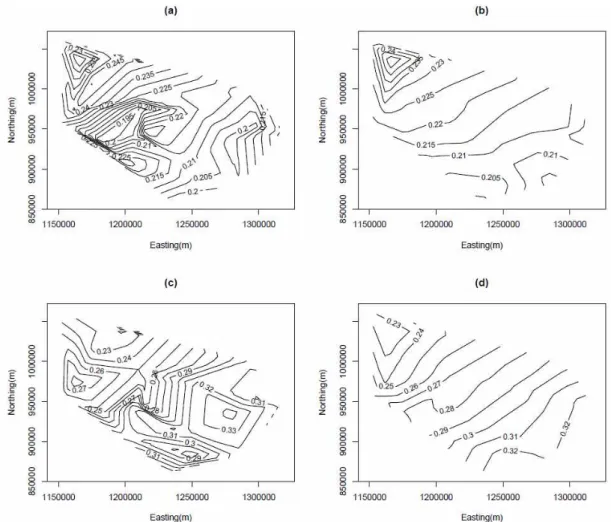Fig. 8. Comparison of the Probability of Precipitation Using Two-Step Interpolation Scheme in Alapaha Basin, (a) Observed, January, (b) Estimated, January, (c) Observed, July, (d) Estimated, July