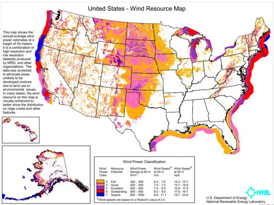 Fig.  5  Wind  resource  map  in  United  States  at  50  meters  [9]     또한  같은  평균  풍속에  대해서도  풍력발전사업의  경제성은  각  국가별  경제성  분석조건에  따라  그  평가가  달라질  수  있다