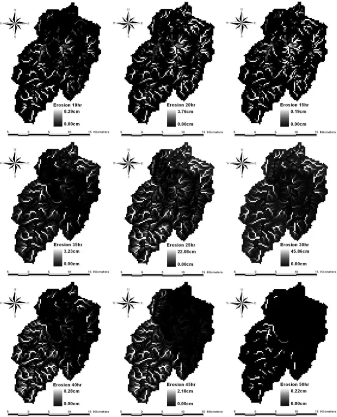 Fig. 8. Variation of Erosion in Time and Space During the Rusa Event적합한 결과라고 언급하였다. 따라서 본 연구에서 확장개발된 모형의 모의결과는 타당한 것으로 판단된다.3.5 침식량의 모의시간별 공간분포 분석태풍 ‘루사’ 강우사상을 적용한 유사유출 모의결과를이용하여 천천유역 내 임의 모의시간별 침식량의 공간적 분포를 분석하였다