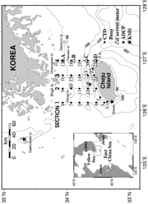 Fig.  1.  Map  of  the  Cheju  Strait  with  isobaths  in  meters,  observation                    stations  for  hydrography(●),  TGPS  buoy(◇),  current  meter                      (△)  and  ADCP(▼),  and  Korea  Meterological  Stations(★;               