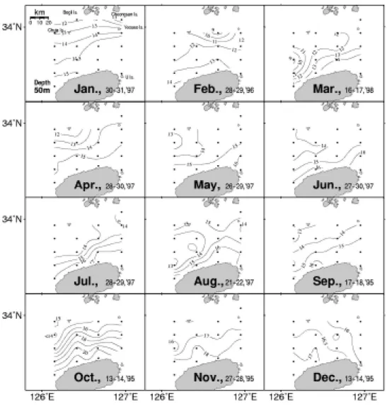 Fig.  4(A).  Monthly  horizontal  distributions  of  temperature  in  the                              Cheju  Strait  between  September  1995  to  June  1998  on                              the  depth  of  50m.