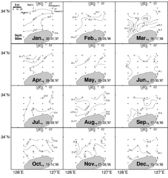 Fig.  4(B).  Monthly  horizontal  distributions  of  salinity  in  the  Cheju                          Strait  between  September  1995  to  June  1998  on  the  depth                          of  50m.