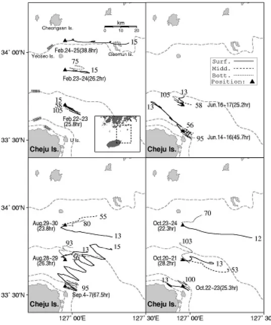 Fig.  9.  Streaklines  calculated  with  the  data  obtained  by  mooring                    current  meter  in  the  eastern  Cheju  Strait  in  1997