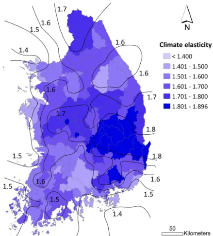 Fig. 6. Climate Elasticity of Streamflow for 1968～2005 기후탄력성이 높은 값을 보였다. 전반적으로 기후탄력성 은 우리나라 중심에서 동쪽에 위치한 유역이 서쪽에 위치 한 유역들에 비해 높은 값을 보여주었다