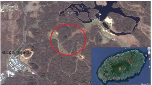 Fig.  1.  Godjawal  Trail(circled  in  red)  of  Ecoland  located  in  Kyorae  Godjawal  in  Jejudo