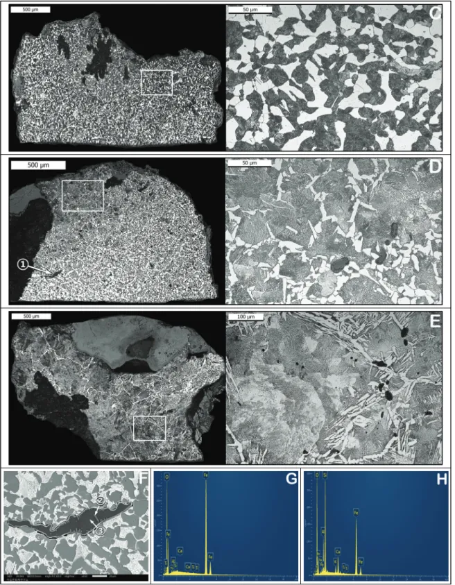 Figure  6. (A) Sampling point of No.5 ring-pommel iron sword,  (B) Microstructure of blade, (C) Microstructure of back, (D)  Microstructure  of  hilt,  (E)  Microstructure  of  ring-pommel,  (F)  Point  ①  of  non-metallic  inclusion  in  hilt’s  microstru