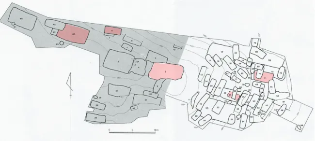 Figure  1.  Layout of  features in district A, Ulsan Hadae Tombs(1/200; Red features indicate where the  ring-pommel swords were  excavated).