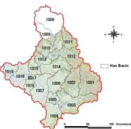 Fig. 8. The Water Supply Network of the Han River Basin Built in K-WEAPFig. 7. Subbasins Analyzed for the Evaluation