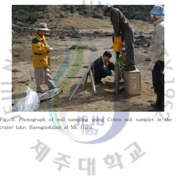 Fig. 5. Photograph of soil sampling using Cobra soil sampler in the crater lake, Baengnokdam of Mt