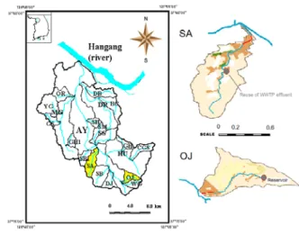 Fig.  1.  Map  of  the  Study  Watershed 본  연구에  적용되는  유역은  오전천과  수암천으로  각 각  유역면적이  4.26  ㎢,  8.07  ㎢이고  유로연장은  2.85  ㎞,  5.50  ㎞이다