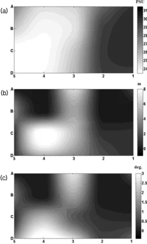Fig. 9. (a) Sea surface salinity, (b) channel depth, (c)  critical  angle  of  ray  at  site  P1.