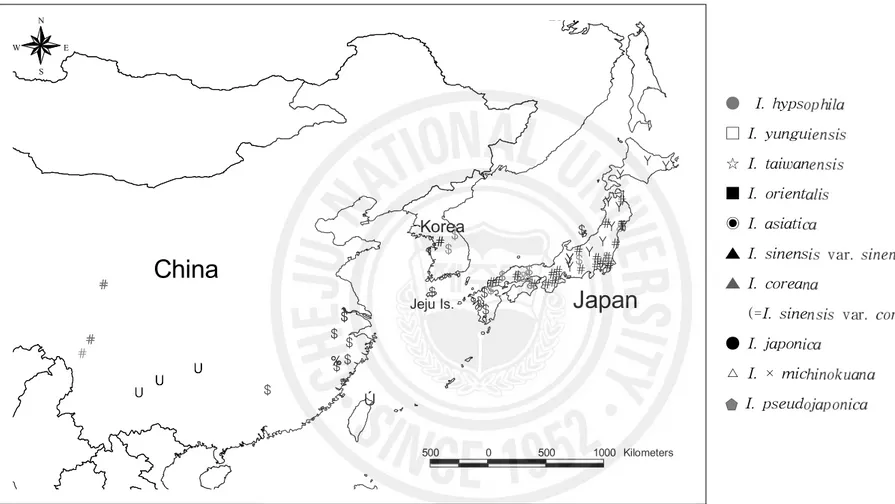 Fig. 5. Distribution pattern of Isoetes species in East Asia ( Data cited from DeVol, 1972; Chung et Cho 1997; Takamiya, 1999, 2001;, Wang et al., 2002; Liu et al., 2004; Liu et al., 2005).