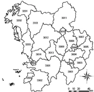 Fig. 1. Illustration of MODSIM Network Structure Fig. 2. Watershed Division for Applying MODSIM 총유입량을 계산하고, D는 수요량 계산노드