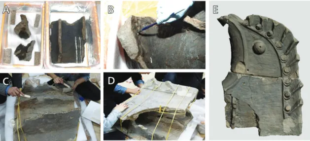 Figure 11. Cleaning and adhesion process. (A) Cleaning, (B) Foreign substances removal, (C) Adhesion, (D) Body adhesion and fixing and (E) Adhesion completion.