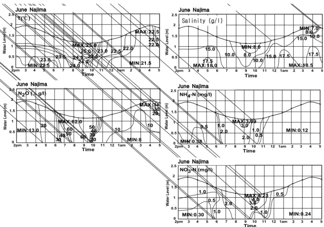 Fig. 5. Temporal Changes of Concentration of NH 4 + -N, NO 3 - -N, N 2 O, Temperature and Salinity at Touno B.（June）