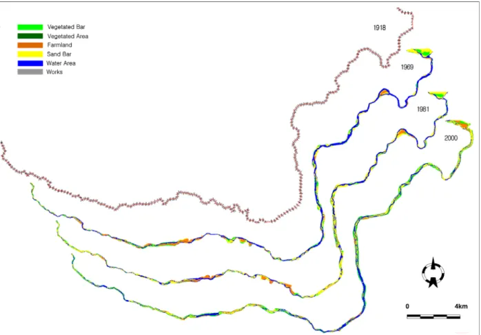 Fig.  7.  Comparison  of  Channel  Planform  Change  between  1918  and  2000