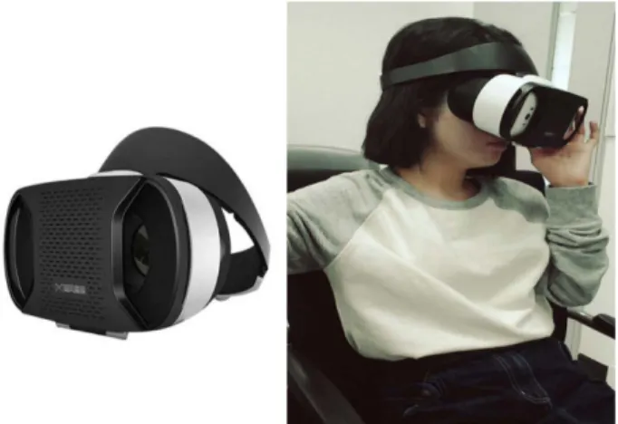 Fig. 2. Photo of VR device and participant wearing VR. [11]