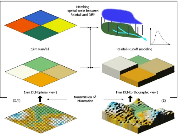 Fig.  1.  Propagation  of  Detailed  Topographic  Information  to  Low  Resolution  Data 3.2  DEM  해상도에  따른  지형정보의  변동양상 본  연구에서  개발하고자  하는  다방향  흐름  분배  알 고리듬의  언급에  앞서  DEM  해상도에  따른  지형정보의  변동을  살펴  볼  필요가  있다