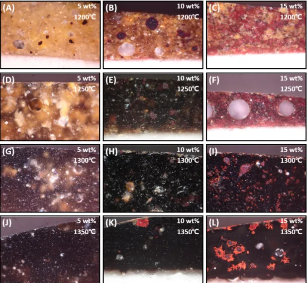 Figure 4. Cross section changes of glazes by firing conditions.이러한 양상은 대개 융제 첨가량에 따라 나타난다