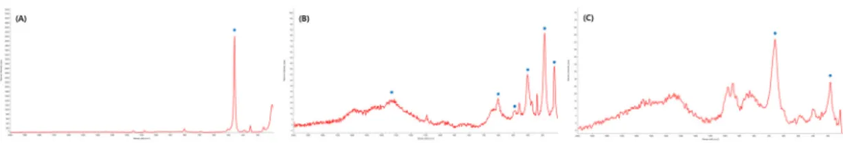 Figure 6. Raman spectrum of standard sample(A; Quartz, B; Hematite, C; Magnetite).