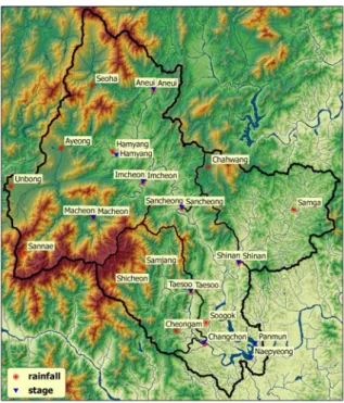 Fig.  6.  Namgang  Dam  Basin 2.2.2  입력자료  구축 남강댐  유역에  대한  적용을  위해  안동댐  유역에  대 한  적용과  같은  방법을  통하여  입력자료들이  구축되었 으며  Fig