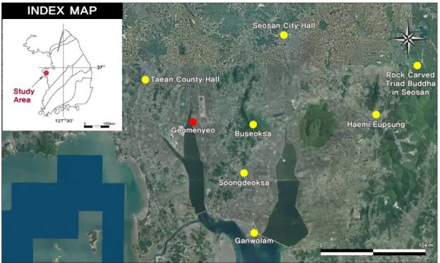 Figure 5. Location and satellite image around the Seosan Geomenyeo area.외한 것으로 정의된다(Na et al., 1982)