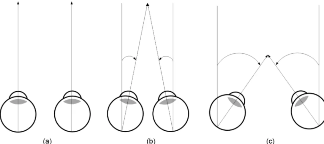 Fig. 3. Position of prism base direction for convergence width measurement of optical system is Base Out, degree of covergence : (a) < (b), Position of prism base direction for divergence width measurement of optical system is Base In, degree of diverge