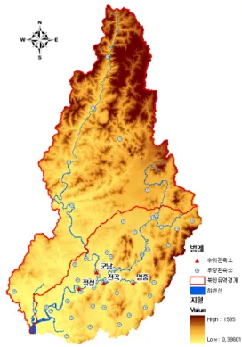 Fig.  2.  Status  Map  of  Imjin  River  Basin 3.2  GIS  tool을  이용한  수문매개변수  추출 유역의  수문학적인  특성은  지형,  토지피복,  토양  등 에  의해  크게  좌우된다
