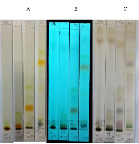 Figure 10. TLC chromatograph of the PCE in different solvent condition (A) observed under  naked eye (B) under 254 nm UV radiation (C) heat with sulfuric and ethanol staining reagent