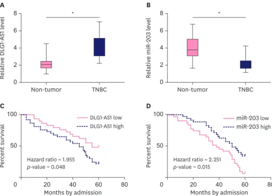 Figure 1. DLG1-AS1 and miR-203 expression in TNBC tissues and corresponding OS. 